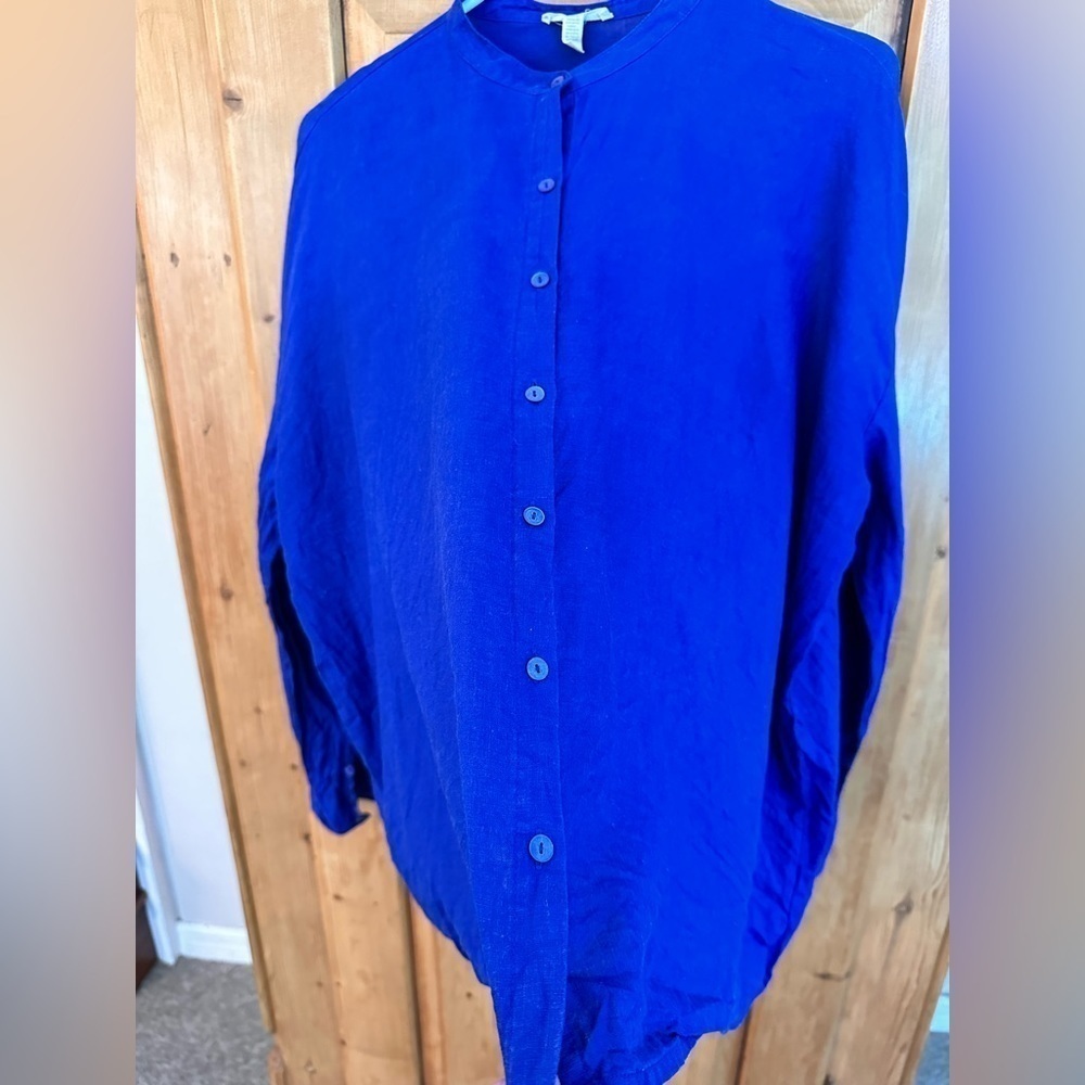 Eileen Fisher Size Small Cobalt Blue Linen Button Down - Picture 8 of 13